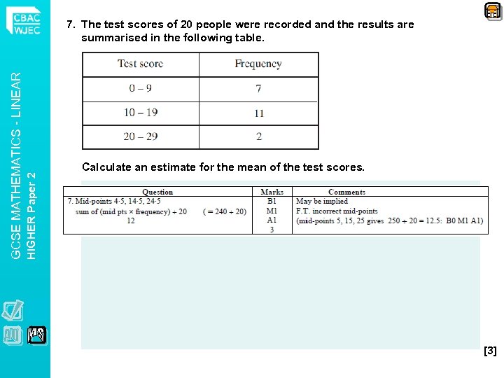 HIGHER Paper 2 GCSE MATHEMATICS - LINEAR 7. The test scores of 20 people