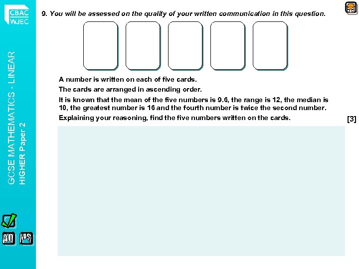 A number is written on each of five cards. The cards are arranged in
