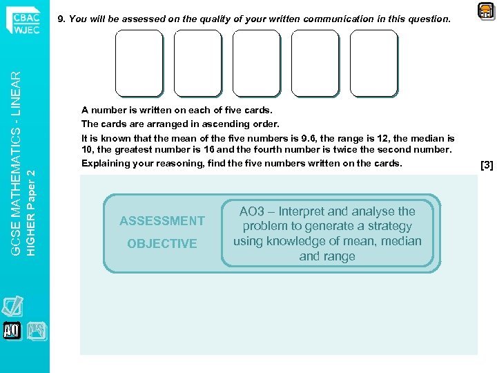 A number is written on each of five cards. The cards are arranged in