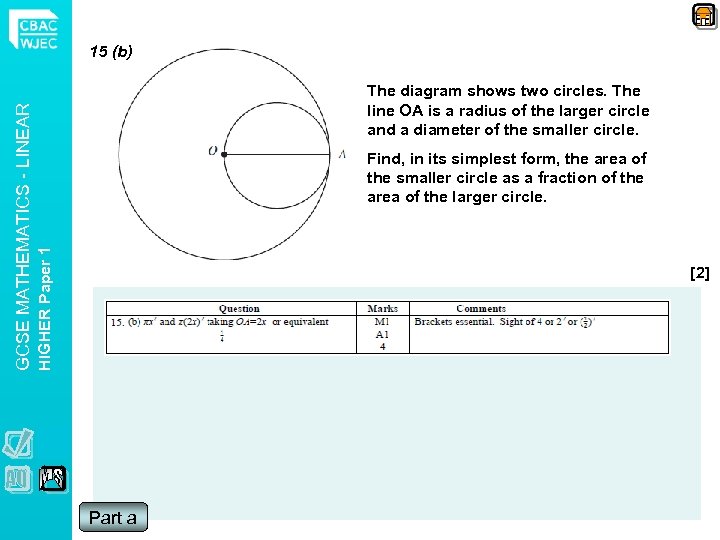 The diagram shows two circles. The line OA is a radius of the larger