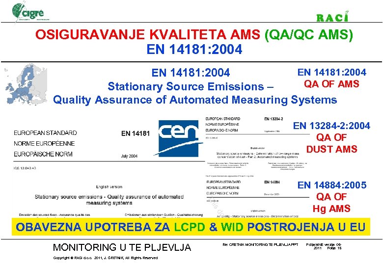 OSIGURAVANJE KVALITETA AMS (QA/QC AMS) EN 14181: 2004 QA OF AMS Stationary Source Emissions