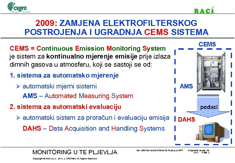 2009: ZAMJENA ELEKTROFILTERSKOG POSTROJENJA I UGRADNJA CEMS SISTEMA CEMS = Continuous Emission Monitoring System