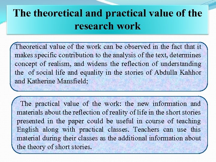 The theoretical and practical value of the research work Theoretical value of the work