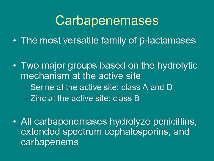 Carbapenemases • The most versatile family of -lactamases • Two major groups based on