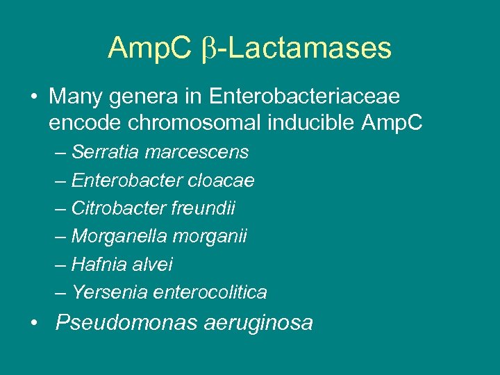 Amp. C -Lactamases • Many genera in Enterobacteriaceae encode chromosomal inducible Amp. C –