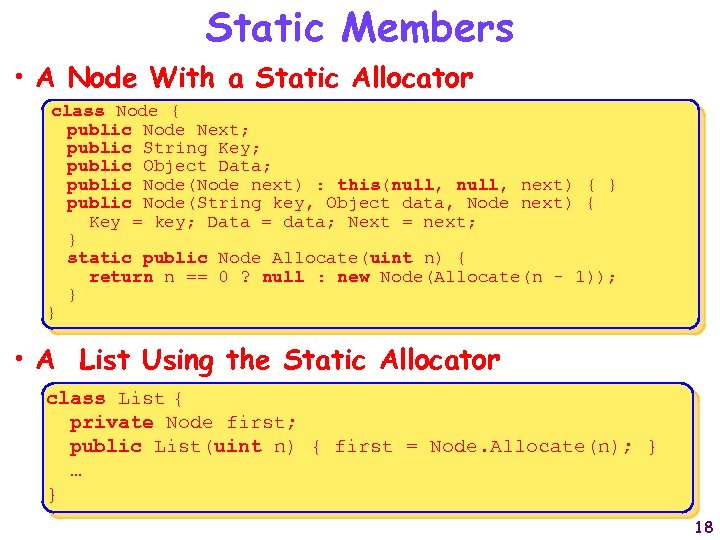 Static Members • A Node With a Static Allocator class Node { public Node