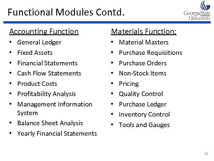 Functional Modules Contd. Accounting Function Materials Function: General Ledger Fixed Assets Financial Statements Cash