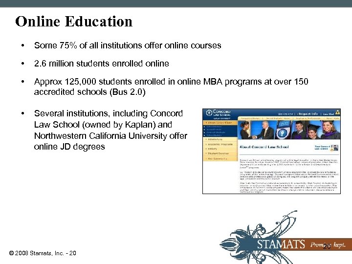 Online Education • Some 75% of all institutions offer online courses • 2. 6