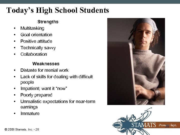 Today’s High School Students • • • Strengths Multitasking Goal orientation Positive attitude Technically