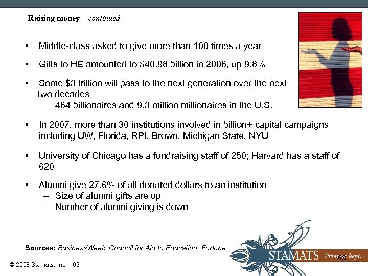 Raising money – continued • Middle-class asked to give more than 100 times a