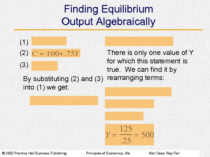 Finding Equilibrium Output Algebraically (1) (2) There is only one value of Y for