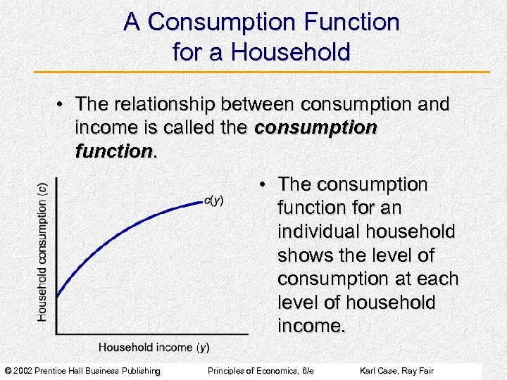 A Consumption Function for a Household • The relationship between consumption and income is