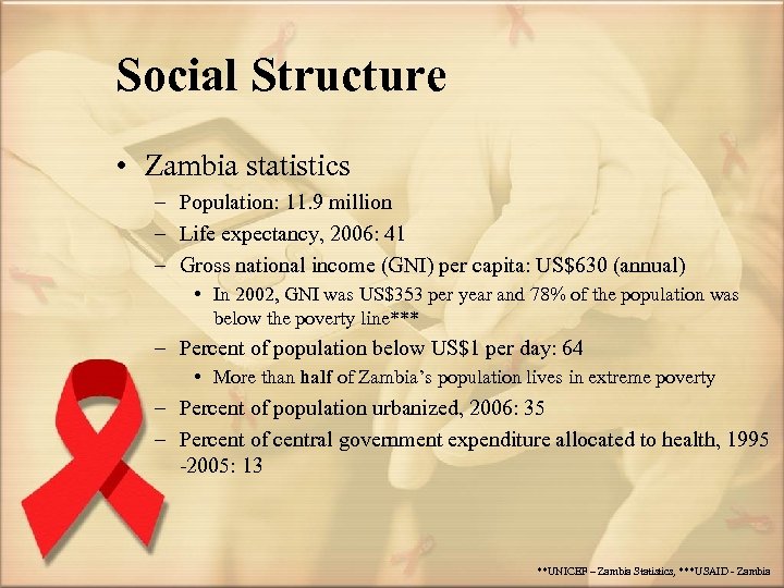 Social Structure • Zambia statistics – Population: 11. 9 million – Life expectancy, 2006: