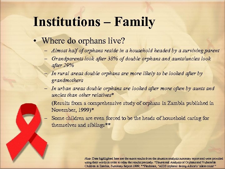 Institutions – Family • Where do orphans live? – Almost half of orphans reside