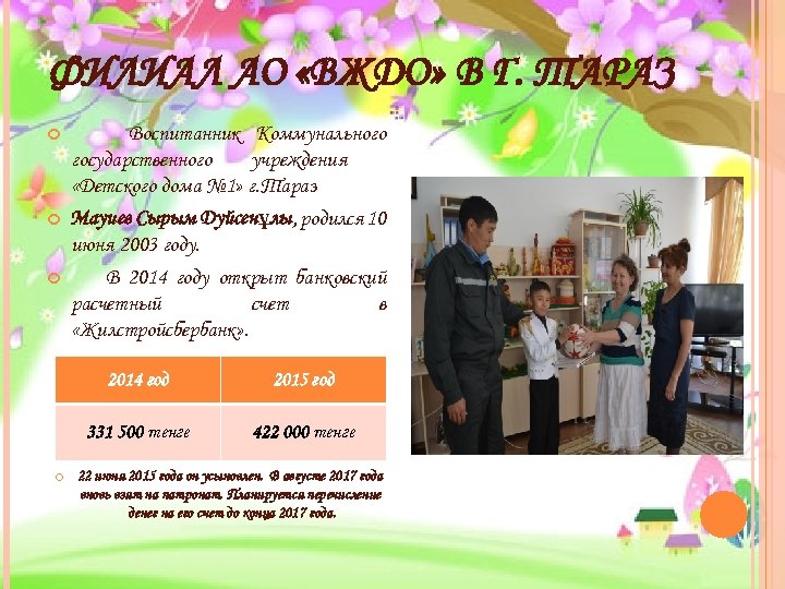 ФИЛИАЛ АО «ВЖДО» В Г. ТАРАЗ Воспитанник Коммунального государственного учреждения «Детского дома № 1»