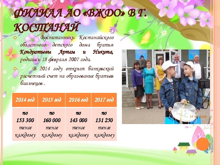 ФИЛИАЛ АО «ВЖДО» В Г. КОСТАНАЙ Воспитанники Костанайского областного детского дома братья Кондратьевы Артем