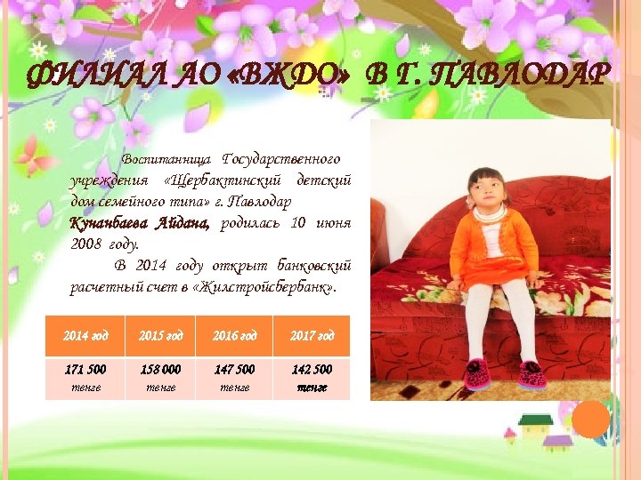 ФИЛИАЛ АО «ВЖДО» В Г. ПАВЛОДАР Воспитанница Государственного учреждения «Щербактинский детский дом семейного типа»