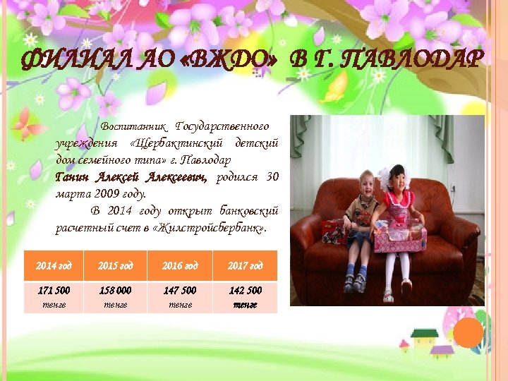 ФИЛИАЛ АО «ВЖДО» В Г. ПАВЛОДАР Воспитанник Государственного учреждения «Щербактинский детский дом семейного типа»