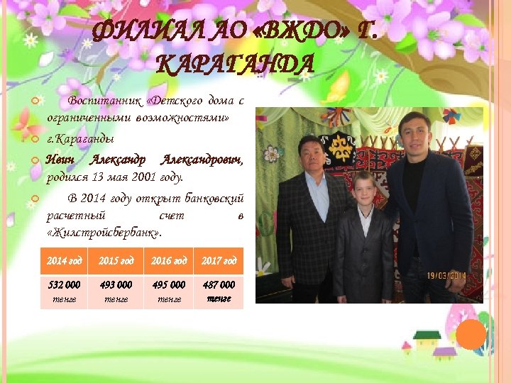 ФИЛИАЛ АО «ВЖДО» Г. КАРАГАНДА Воспитанник «Детского дома с ограниченными возможностями» г. Караганды Ивин