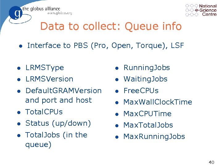 Data to collect: Queue info l Interface to PBS (Pro, Open, Torque), LSF l