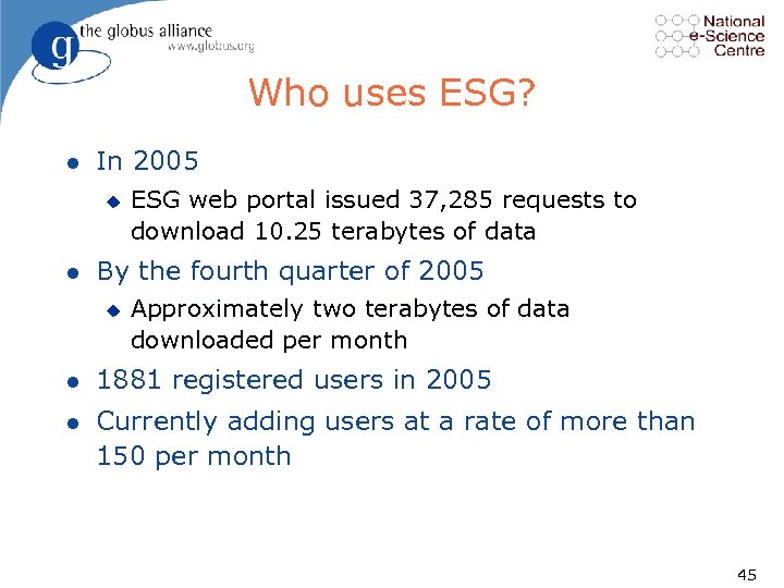 Who uses ESG? l In 2005 u l ESG web portal issued 37, 285