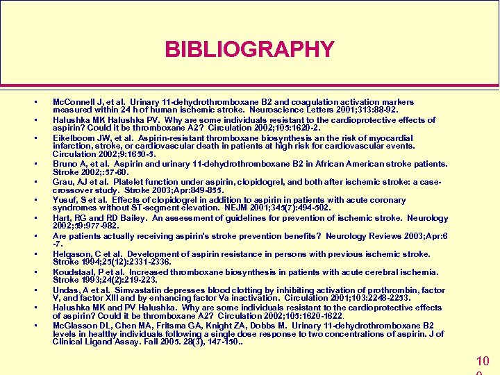 BIBLIOGRAPHY • • • • Mc. Connell J, et al. Urinary 11 -dehydrothromboxane B