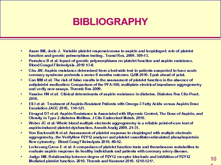 BIBLIOGRAPHY • • • Asam SM, Jozic J. Variable platelet responsiveness to aspirin and