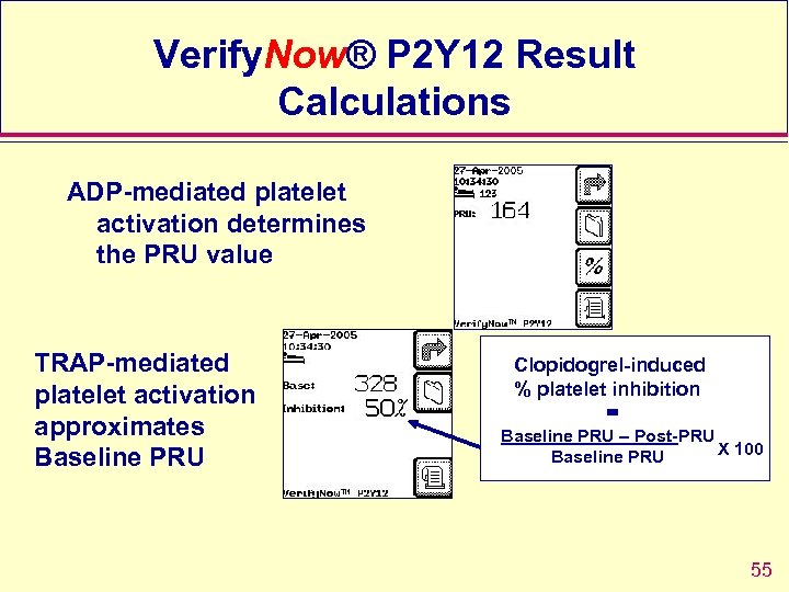 Verify. Now® P 2 Y 12 Result Calculations ADP-mediated platelet activation determines the PRU