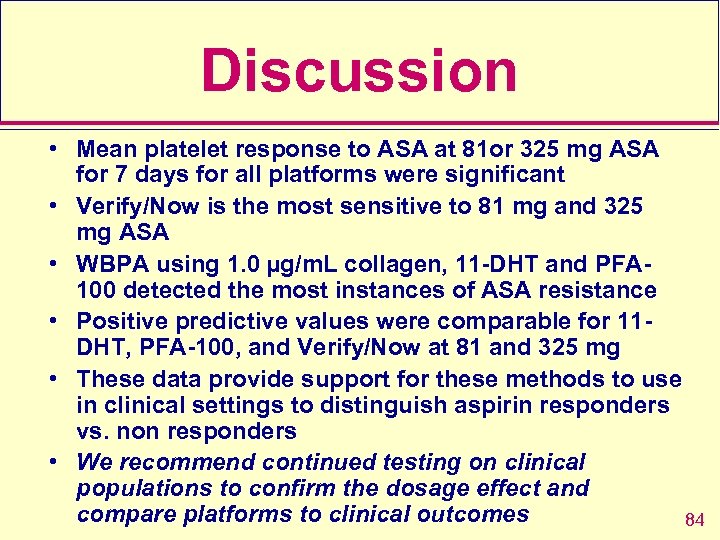 Discussion • Mean platelet response to ASA at 81 or 325 mg ASA for