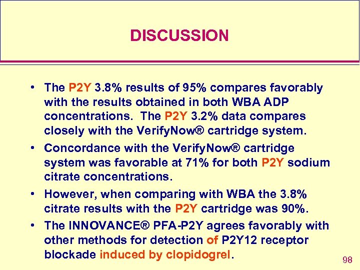 DISCUSSION • The P 2 Y 3. 8% results of 95% compares favorably with