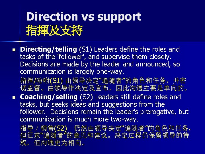 Direction vs support 指揮及支持 n n Directing/telling (S 1) Leaders define the roles and