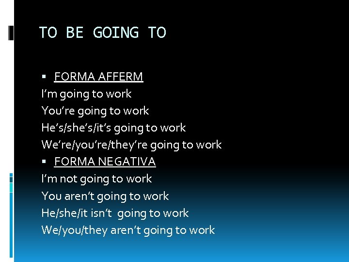 TO BE GOING TO FORMA AFFERM I’m going to work You’re going to work