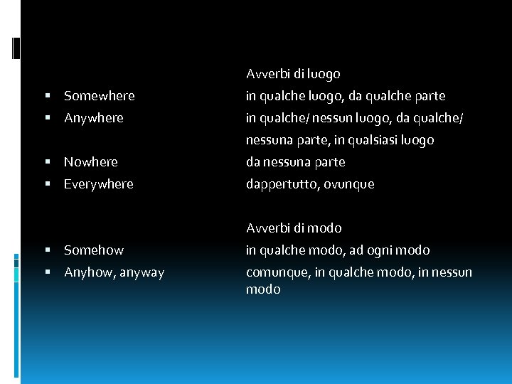 Avverbi di luogo Somewhere in qualche luogo, da qualche parte Anywhere in qualche/ nessun