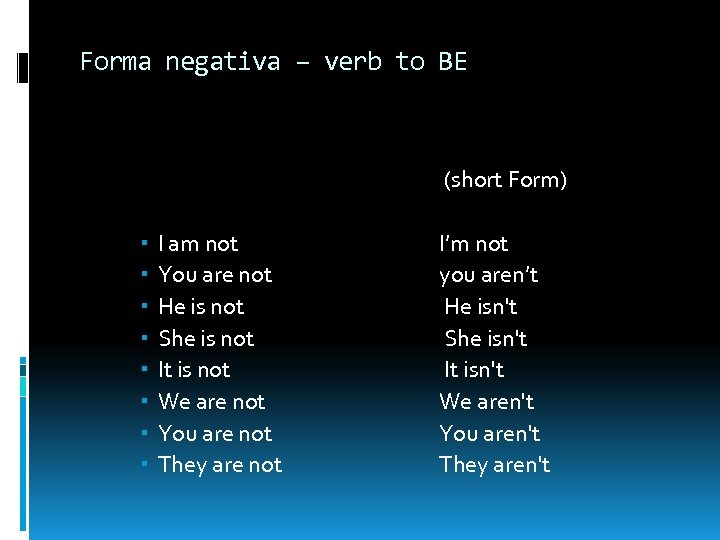 Forma negativa – verb to BE (short Form) I am not You are not