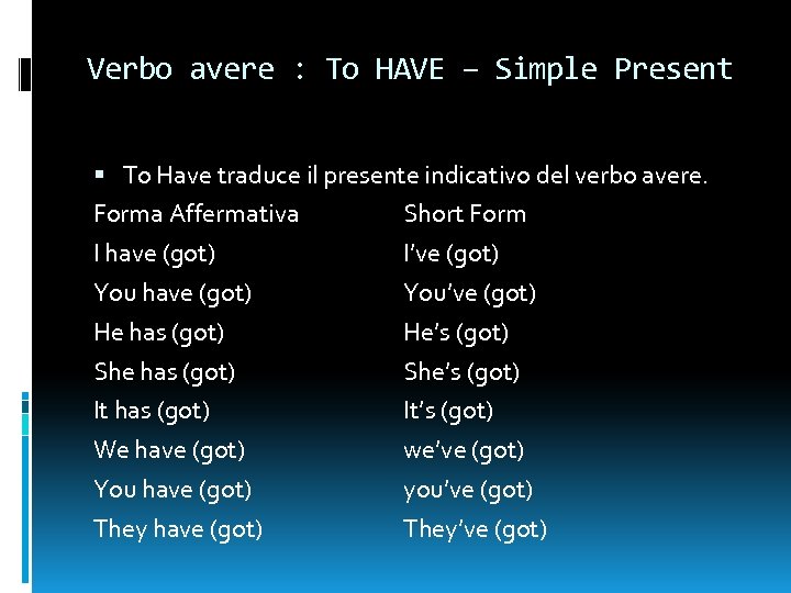 Verbo avere : To HAVE – Simple Present To Have traduce il presente indicativo