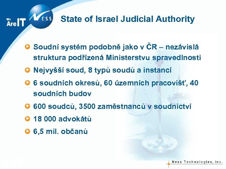 State of Israel Judicial Authority Soudní systém podobně jako v ČR – nezávislá struktura