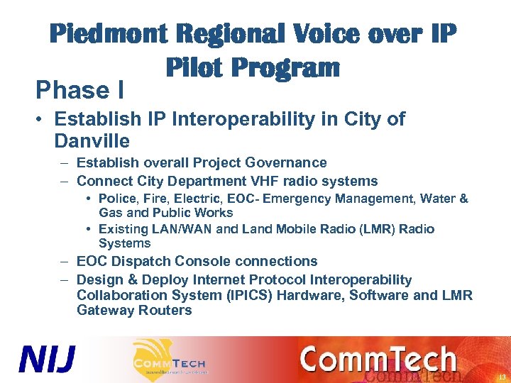 Piedmont Regional Voice over IP Pilot Program Phase I • Establish IP Interoperability in