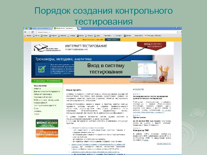 Порядок создания контрольного тестирования Вход в систему тестирования 