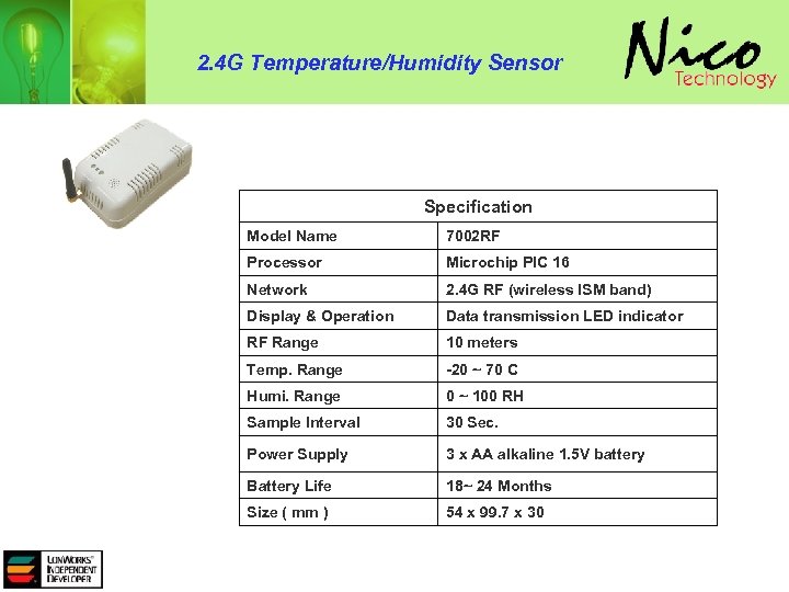 2. 4 G Temperature/Humidity Sensor Specification Model Name 7002 RF Processor Microchip PIC 16