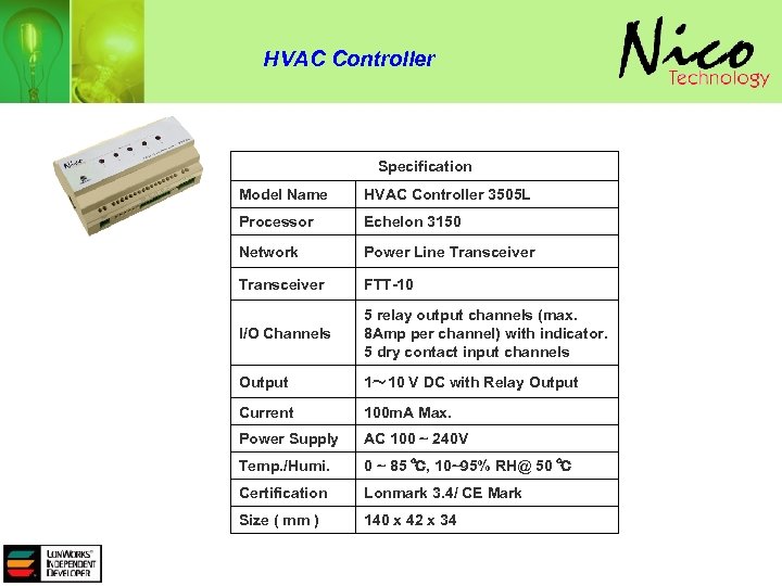 HVAC Controller Specification Model Name HVAC Controller 3505 L Processor Echelon 3150 Network Power
