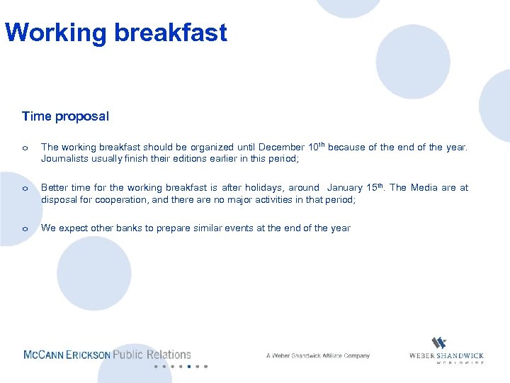 Working breakfast Time proposal o The working breakfast should be organized until December 10