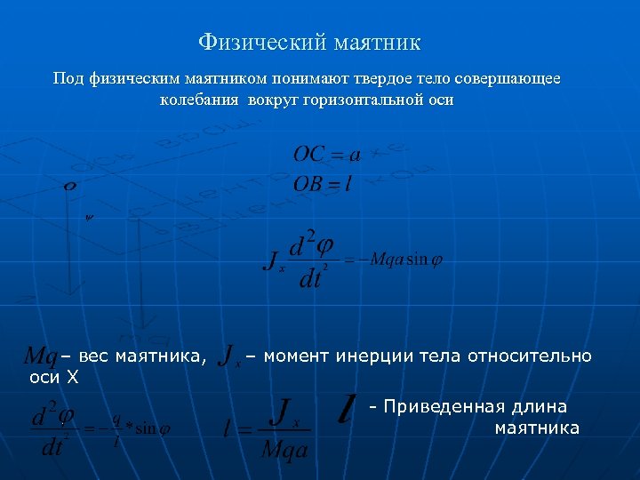 Физический маятник Под физическим маятником понимают твердое тело совершающее колебания вокруг горизонтальной оси –