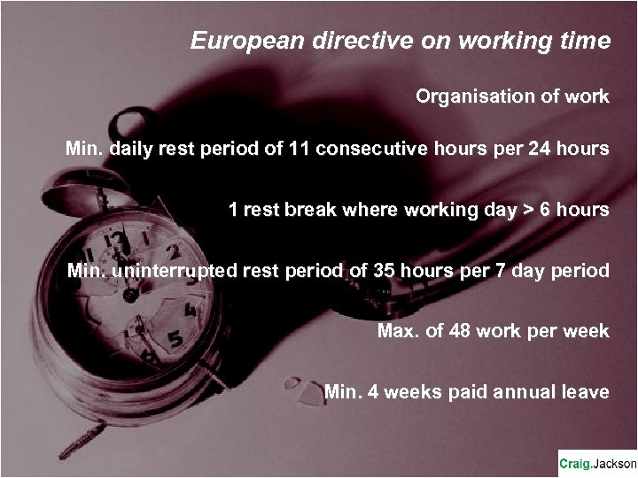 European directive on working time Organisation of work Min. daily rest period of 11