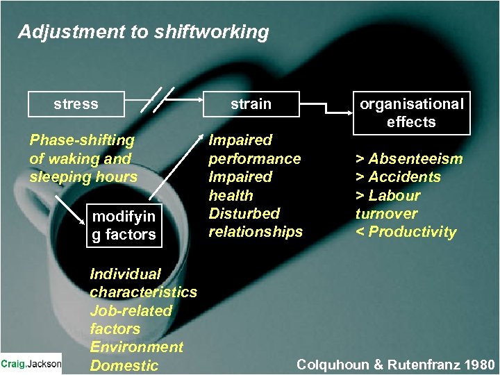 Adjustment to shiftworking stress Phase-shifting of waking and sleeping hours modifyin g factors Individual