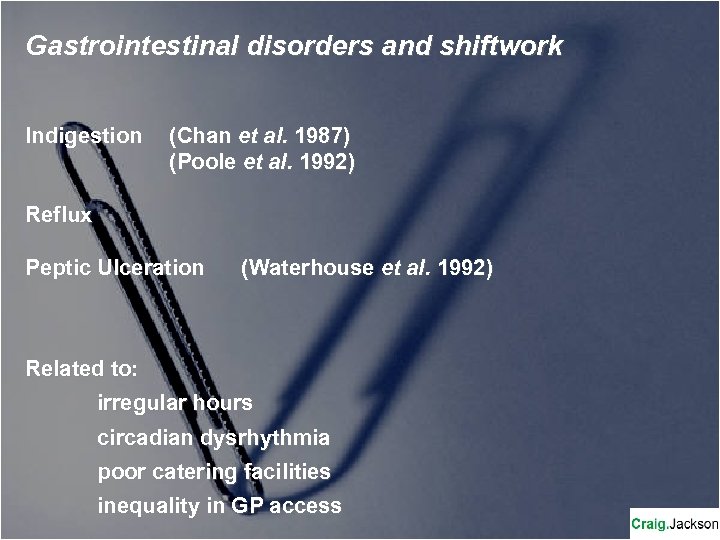 Gastrointestinal disorders and shiftwork Indigestion (Chan et al. 1987) (Poole et al. 1992) Reflux