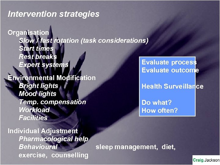 Intervention strategies Organisation Slow / fast rotation (task considerations) Start times Rest breaks Evaluate