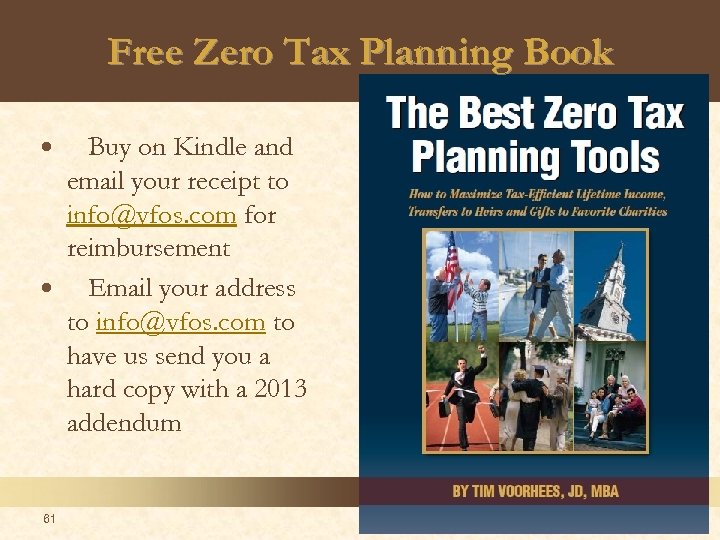Free Zero Tax Planning Book Buy on Kindle and email your receipt to info@vfos.