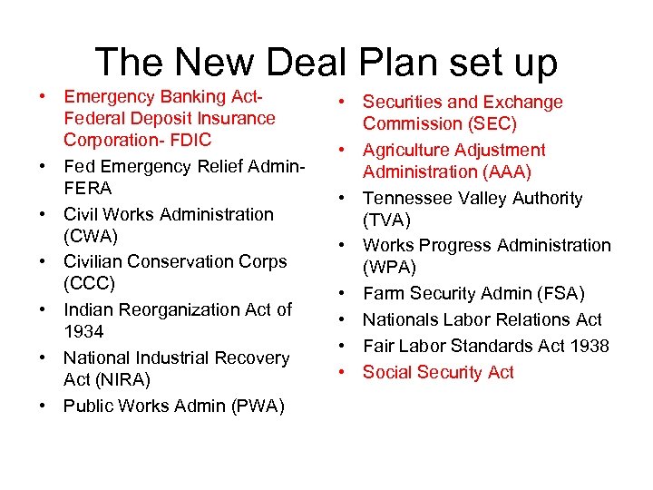 The New Deal Plan set up • Emergency Banking Act. Federal Deposit Insurance Corporation-