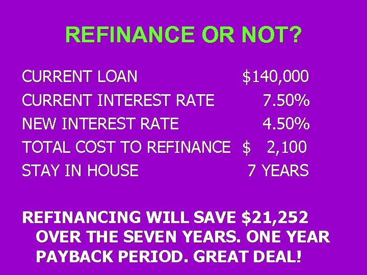 REFINANCE OR NOT? CURRENT LOAN CURRENT INTEREST RATE NEW INTEREST RATE TOTAL COST TO