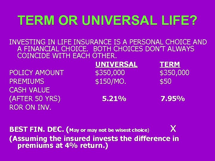 TERM OR UNIVERSAL LIFE? INVESTING IN LIFE INSURANCE IS A PERSONAL CHOICE AND A